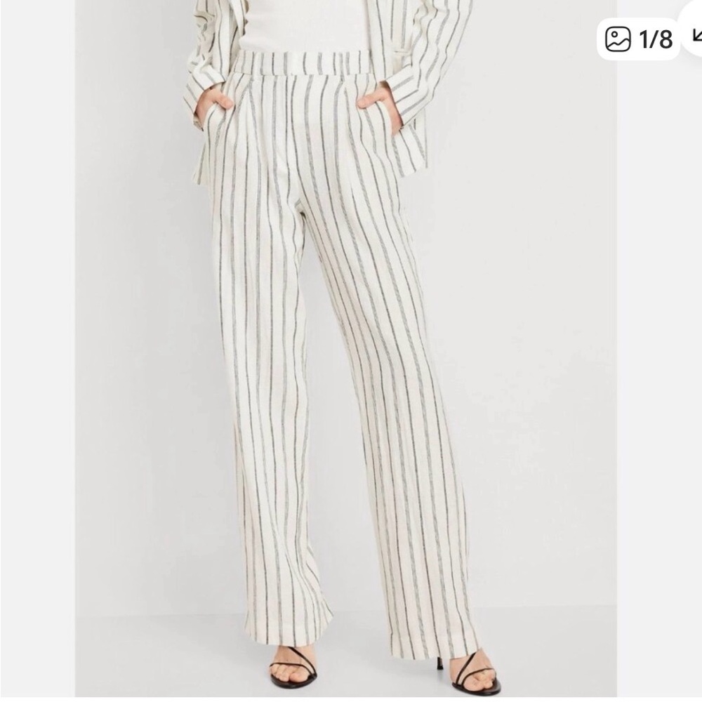 NWT Old Navy Taylor Wide Leg Trouser Pant White Pinstripe Extra High Rise Linen